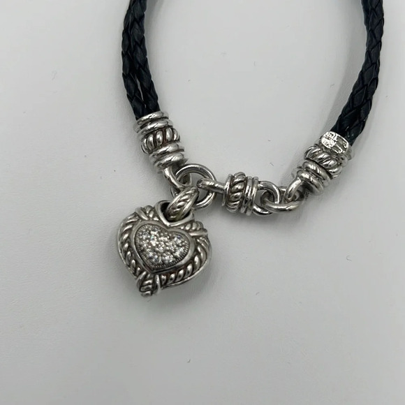 Judith Ripka Sterling Silver Braided Black Leather CZ Heart Charm Bracelet 7” - Picture 4 of 6